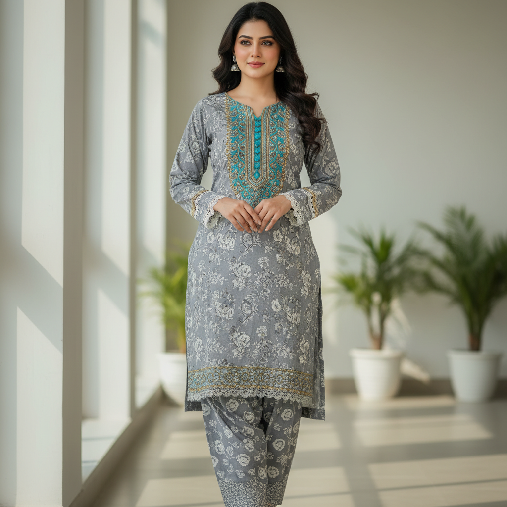 A Bangladeshi woman aged 25 to 30 wearing a traditional salwar kameez. The kameez (top) must look exactly like the first reference image: soft grey color with white floral printed patterns, long sleeves with lace on the edges, and detailed turquoise-blue and golden embroidery around the neckline. The pajama (bottom) design must follow the second reference image: loose fit with elastic on the waist and ankles, same printed floral pattern style as shown. But the pajama color must match the soft grey color of the kameez (first image) instead of red. The full outfit should look graceful, elegant, and culturally authentic. The model should have natural light makeup, small earrings, and simple hairstyle (either open or softly tied). Background should be softly lit—indoor or natural daylight outdoor—so that the outfit's design and colors are clearly visible for fashion promotion.