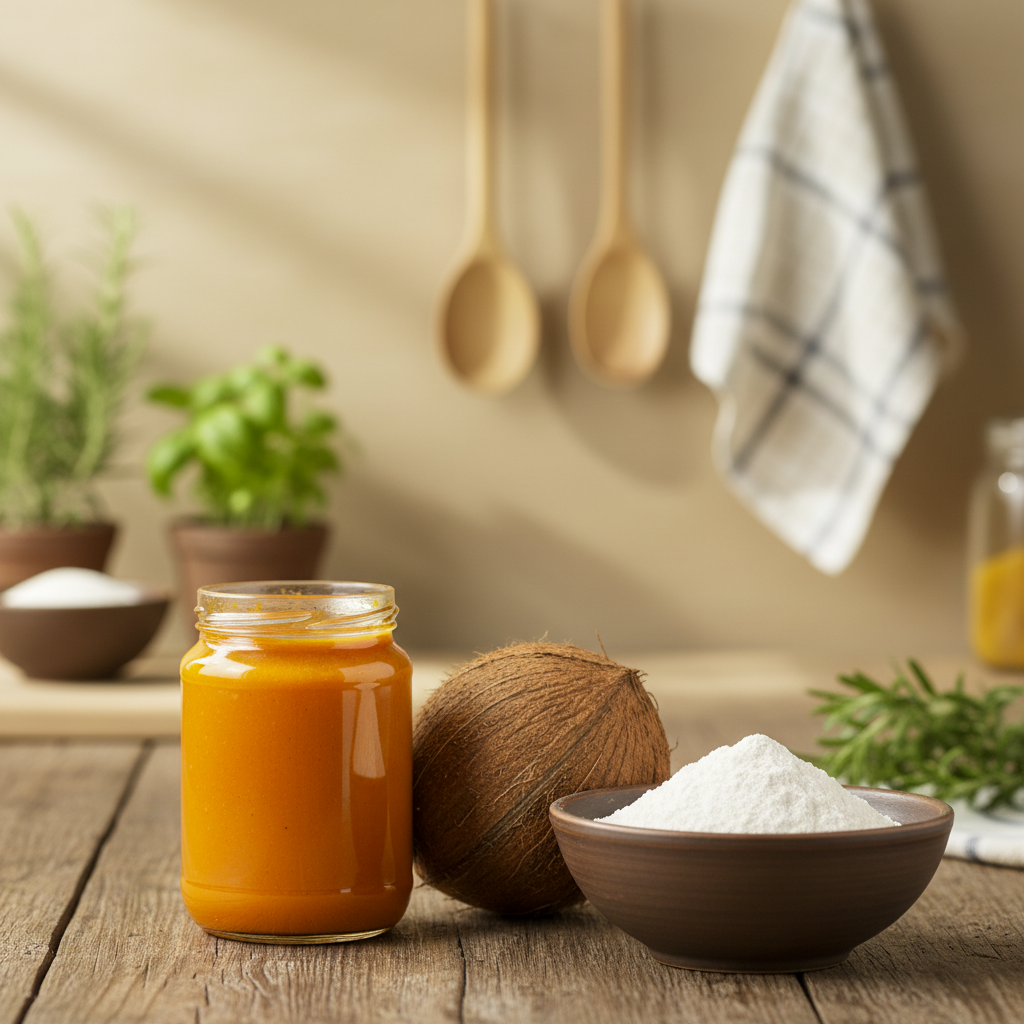 Remove the existing background from the image of the combo product consisting of a jar of orange paste, a coconut, and a bowl of white flour. Replace it with a vibrant and inviting kitchen backdrop that enhances the freshness and appeal of the ingredients. The new background should feature soft, warm colors with subtle kitchen elements like herbs, utensils, and a wooden countertop to create a cozy and homely atmosphere.