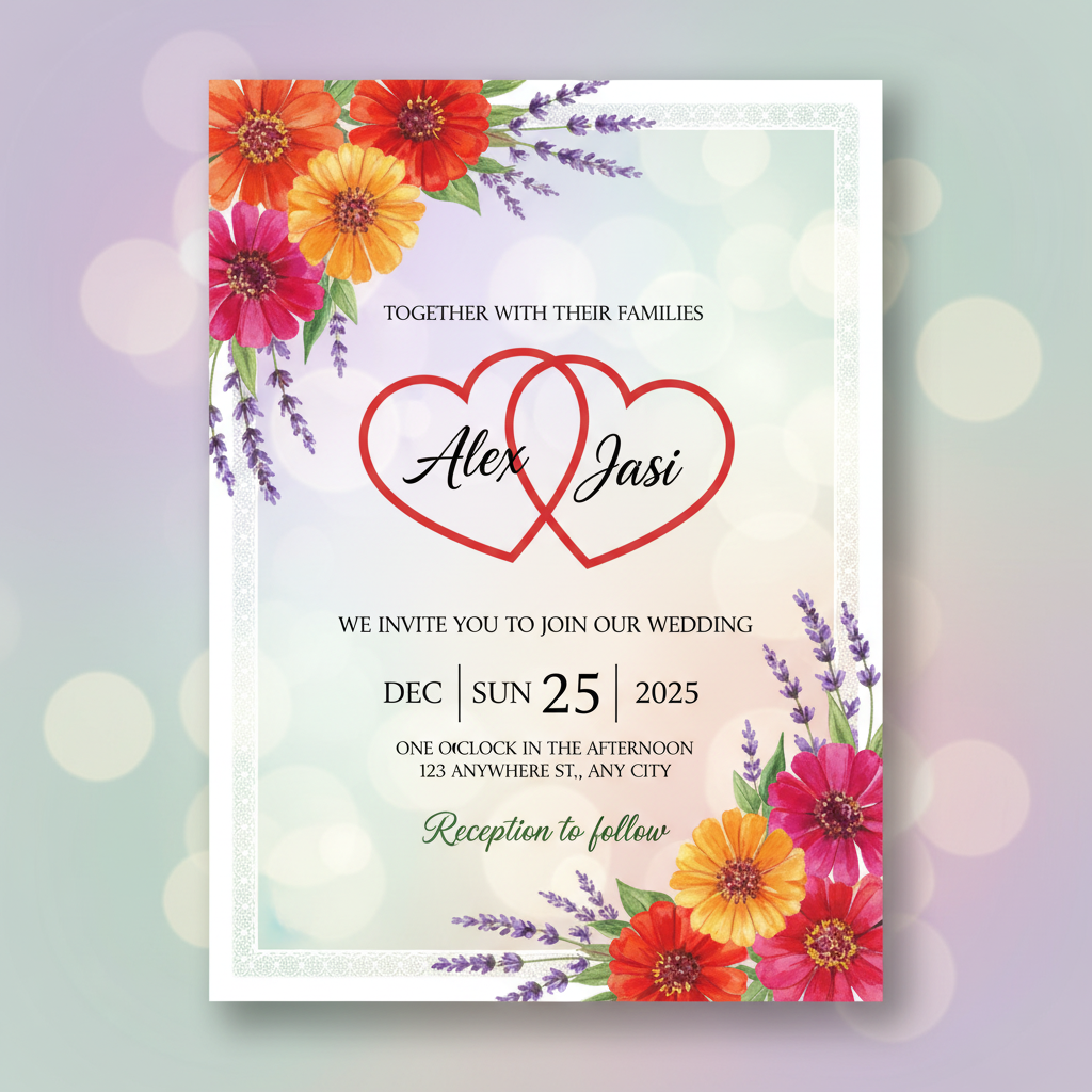 Create an elegant mockup for a wedding invitation card featuring a white background adorned with vibrant, hand-painted floral elements such as zinnias and lavender. The invitation text should be prominently displayed in an artistic, romantic font, with two intertwined red hearts framing the names 'Alex' and 'Jasi'. For the background, use a soft pastel gradient blending hues of lavender, mint green, and soft peach to create a dreamy ambiance. Incorporate subtle decorative elements like delicate lace or a light bokeh effect for added elegance. Ensure the overall composition is eye-catching and invites viewers to envision this invitation for their own special day, enhancing its clickbait appeal.