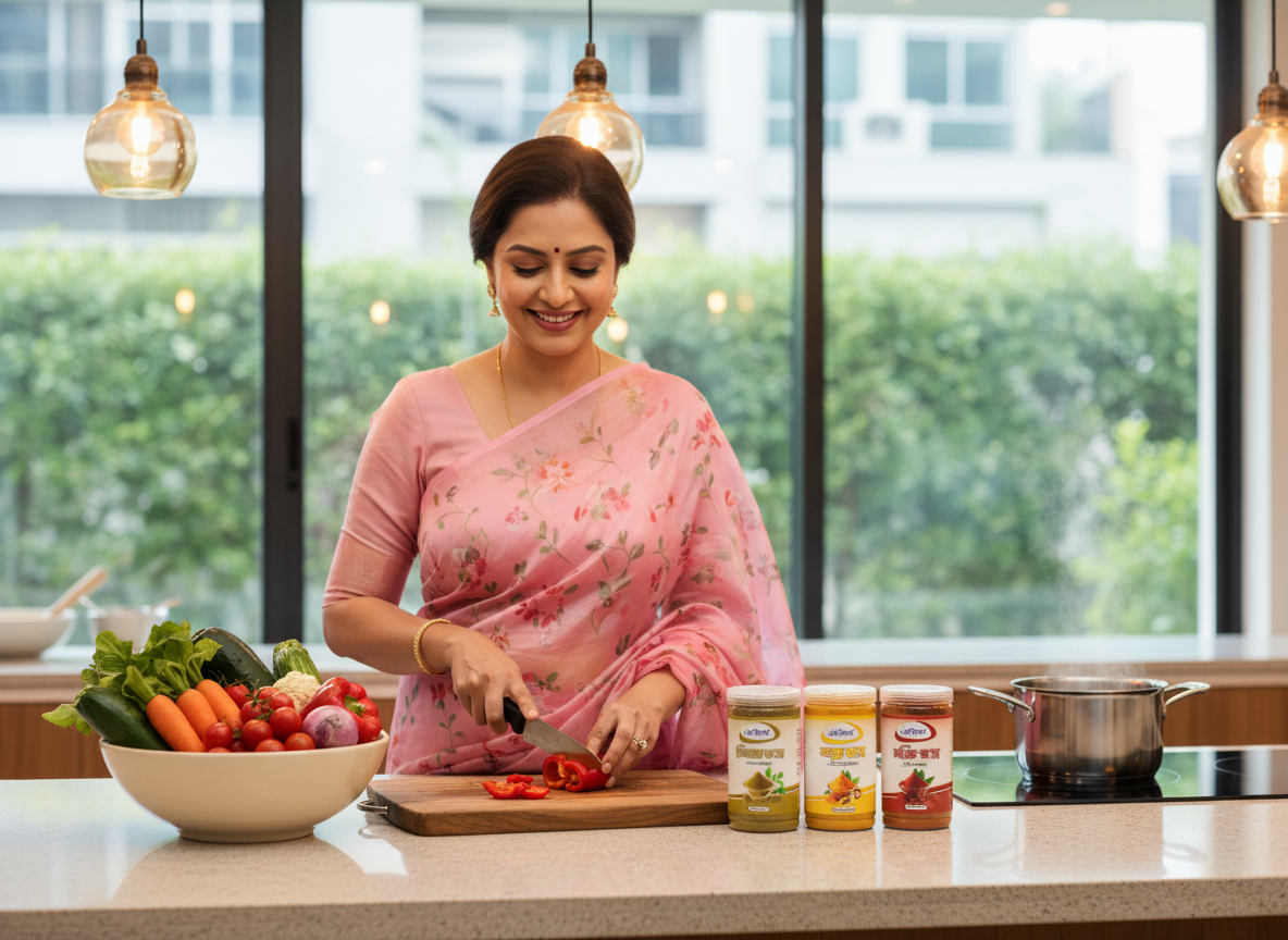 Capture the essence of a joyful cooking moment in a modern kitchen. In the foreground, a woman is skillfully chopping a vibrant red bell pepper on a wooden cutting board, wearing a pink print saree. To the side, there’s a colorful assortment of fresh vegetables in a bowl, and a sleek countertop with a stylish kitchen appliance this product prominently displayed. The backdrop features a warm, inviting atmosphere with soft lighting and a tastefully designed kitchen. Emphasize the harmony of cooking and the role of your product in enhancing the culinary experience.