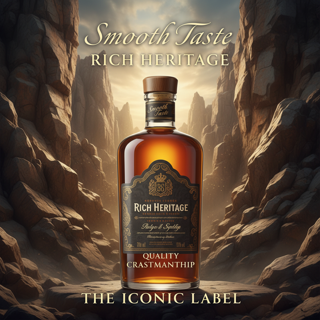 Create an advertisement for this container. Highlight its smooth taste and rich heritage, capturing its essence against a dramatic background of rocky textures. Emphasize quality craftsmanship and the iconic label design.